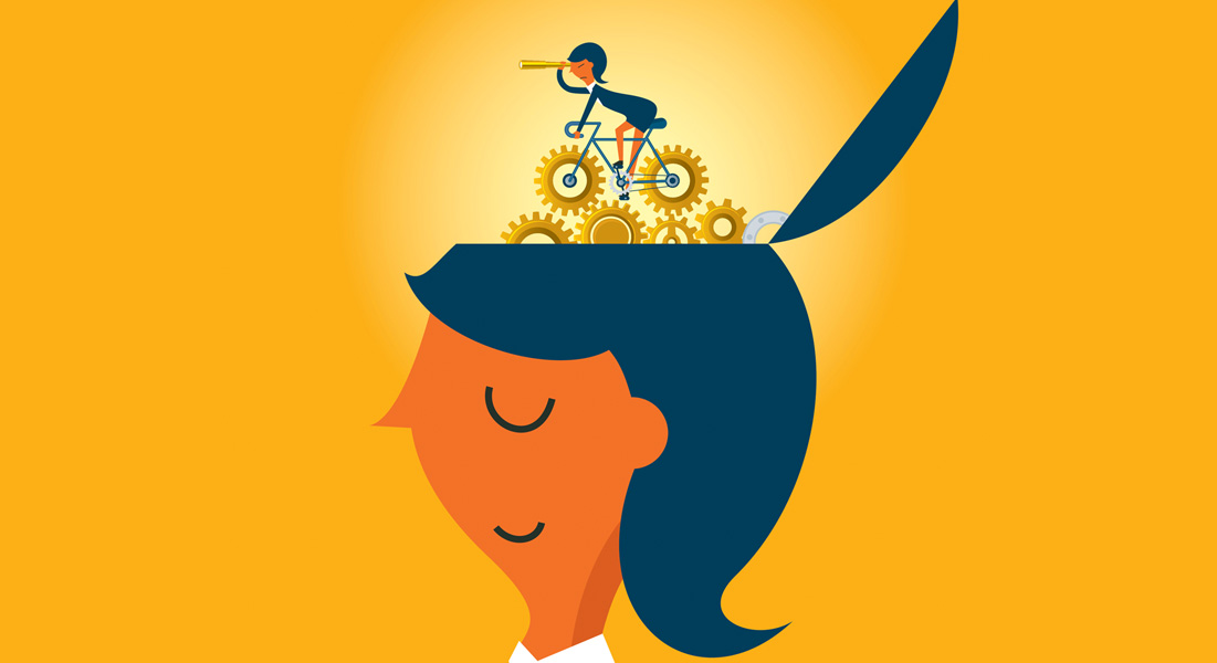 Woman with cyclist turning gears in her head