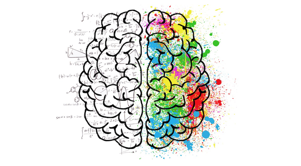 brain split in two with left side full of formulas and right side sprayed with colors