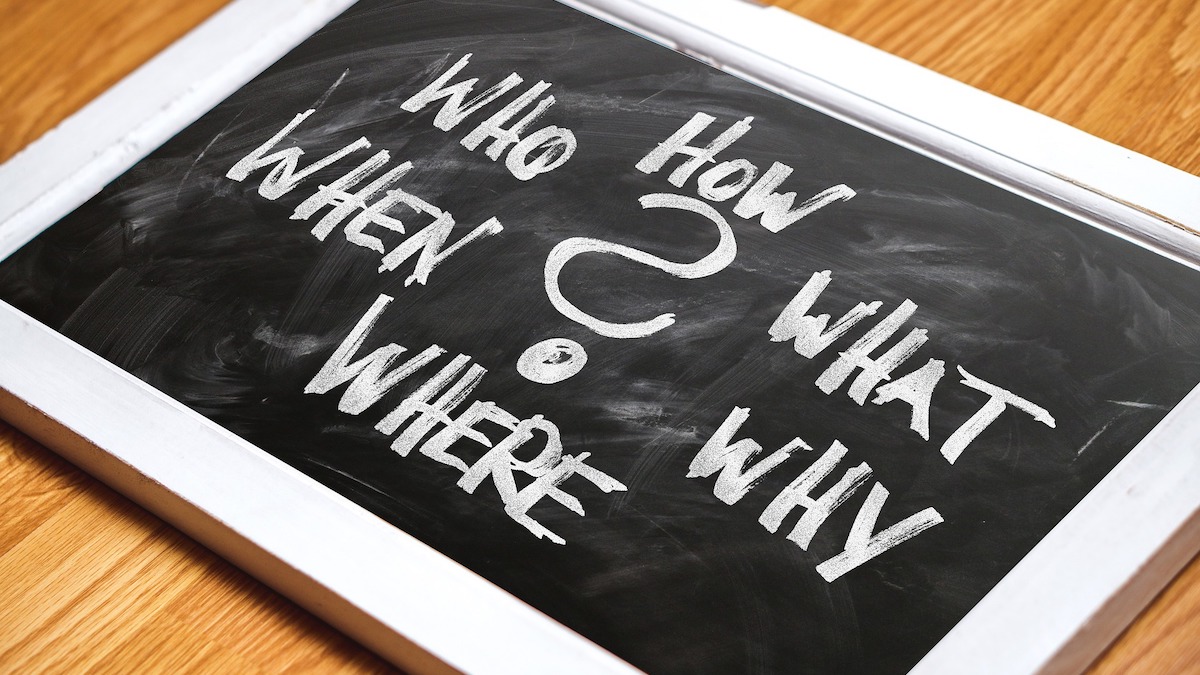 Chalkboard with questions: who, what, when, where, why, how?